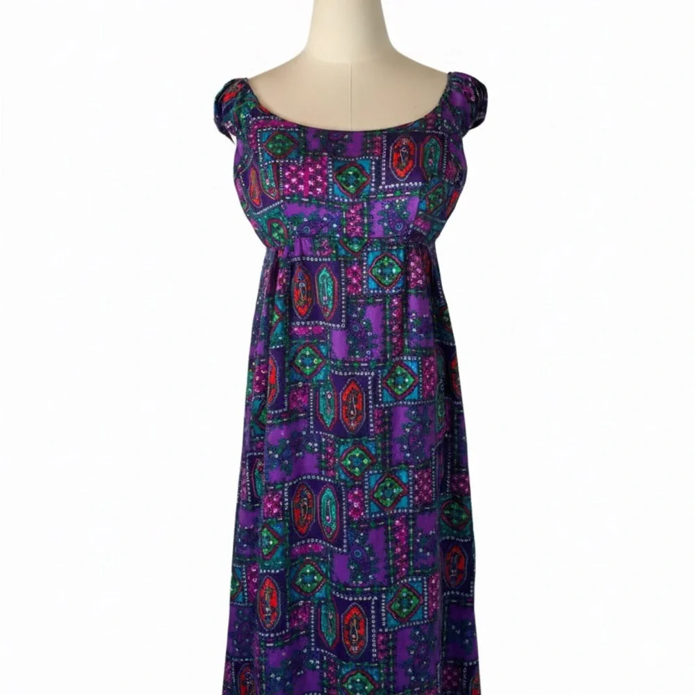 Vintage Hawaiian Purple Psychedelic Floral Patterned Maxi Dress Cap Sleeve Sa-Ne - Picture 3 of 16